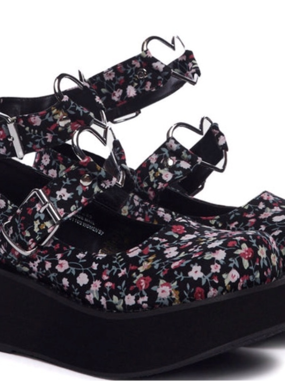 Demonia Black Floral Heart-Detail Platform Mary Janes
